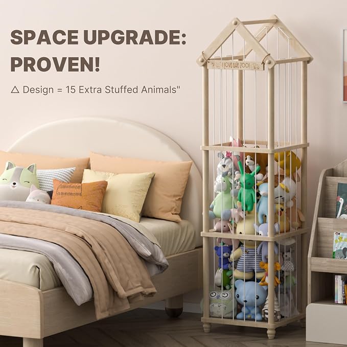 Stuffed Animal Storage Zoo, 65" Extra Large Wooden Plush Toy Organizer, Solid Pine Toy Holder with 3D Sign & Sturdy Base, Vertical Corner Stuffed Animal Cage for Nursery Playroom