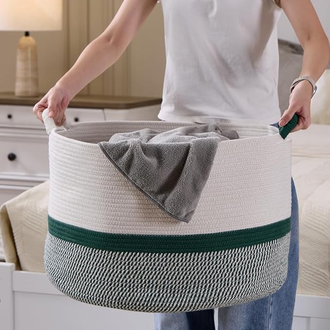 Luxury Little Extra Large Nursery Storage Basket, 20 x 20 x 13.8 inches - 100% Cotton Rope Baskets with Handles, Blanket Basket for Toys, Blankets & Pillows (Green)