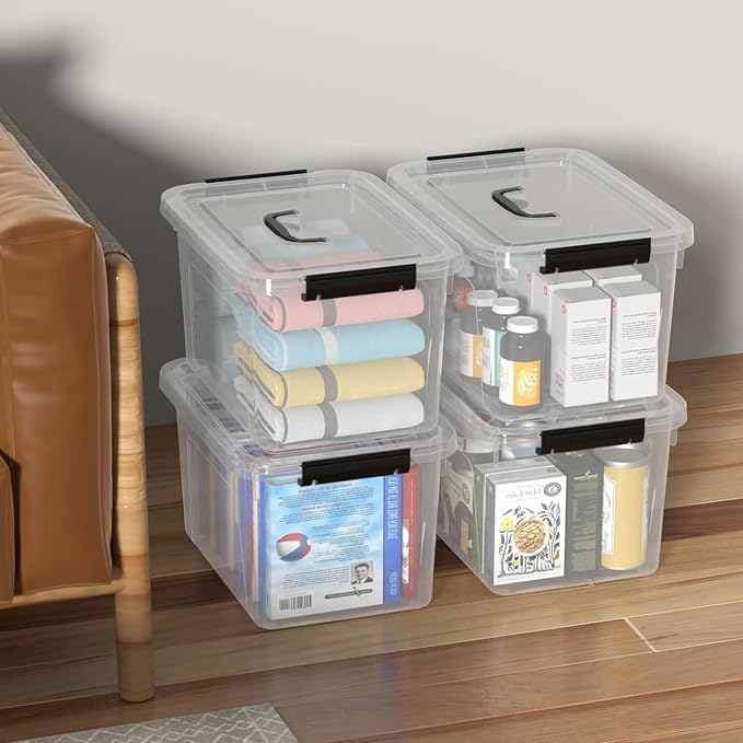 Wekioger 20 Quart Clear Plastic Lidded Storage Box with Latch Handle, 4 Packs Containers Bins for Storage