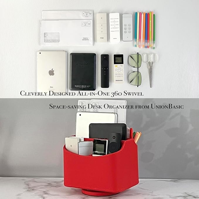 UnionBasic Rotating Desk Organizer, 360 Desk Spinning Caddy, Desktop TV Guide/Mail/Media/Remote Controller Holder Organizer, Red