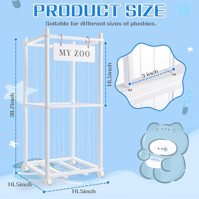 GLDZI Stuffed Animal Storage Zoo with Wheels, Wooden Stuffed Animal Organizer with Elastic Cords, Space Saving Toy Plushies Storage Holder for Playroom, Bedroom, Living Room(White, Small)