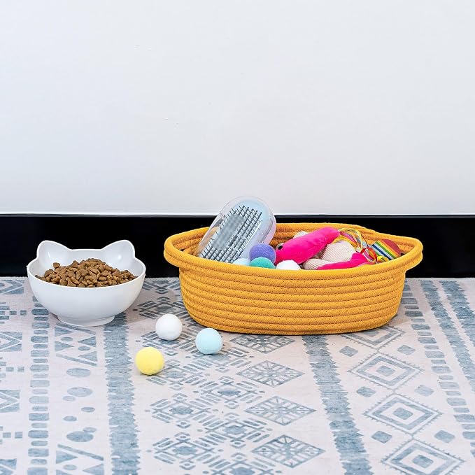 CubesLand Small Storage Basket Cotton Rope Organizer Baskets for Shelves | Set of 5 Decorative Closet Storage Bins with Handle for Countertop, Toilet Paper Basket for Toilet Tank Top, Yellow Basket