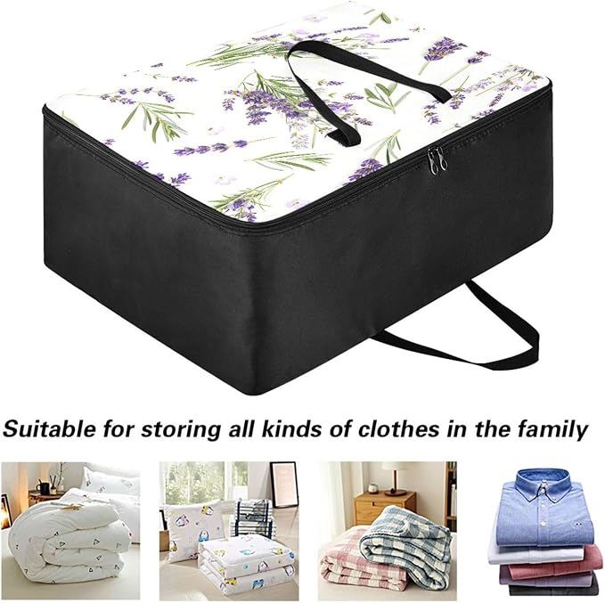 Blueangle Lavender Flowers Clothes Storage Bag Organizer 100L Large Capacity Clothing Storage Containers for Comforters, Blankets, Foldable with Dual Zipper