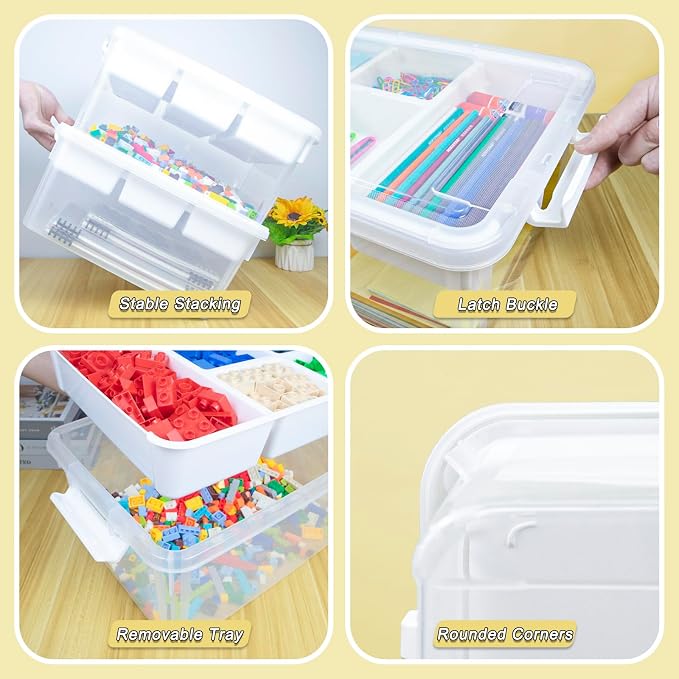Creahaus 17 Quart Plastic Storage Box with Removable Tray Durable Craft Organizers and Storage Stackable Storage Container for Organizing Bead, Art, Sewing, Playdoh (Clear)