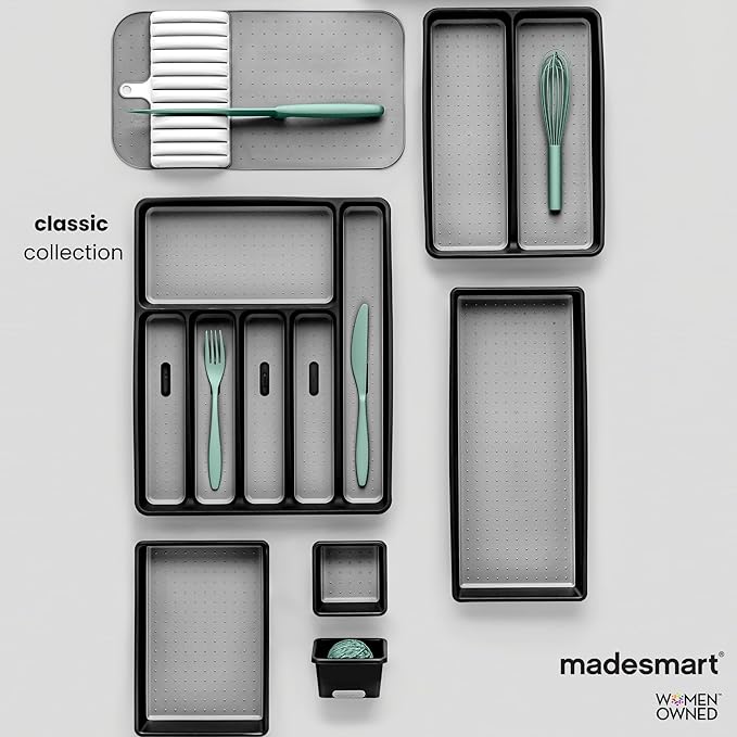 madesmart 2 Compartment Drawer Organizer, Multi-Purpose Storage for Kitchen, Office & Bathroom, Non Slip, Soft Grip Lining, Easy-Clean Design, Black