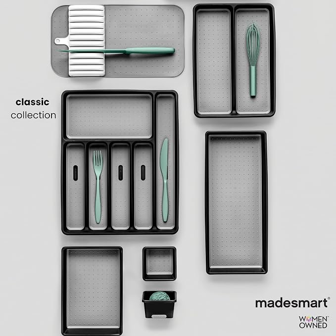 madesmart Small Silverware Tray, Compact 5 Compartment Flatware Organizer for Forks, Knives & Spoons, Non Slip, Soft Grip Lining, Fits Small Drawers, Carbon