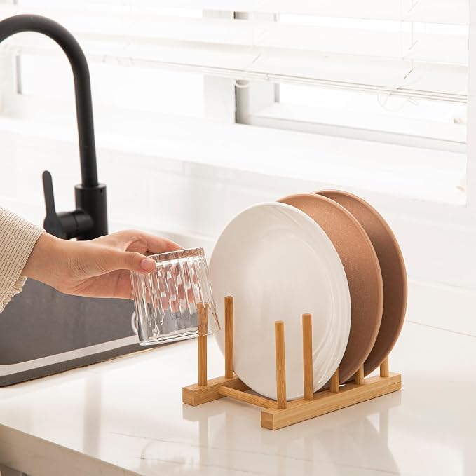 HBlife 2pcs Bamboo Dish Plate Bowl Cup Book Pot Lid Cutting Board Drying Rack Stand Drainer Storage Holder Organizer Kitchen Cabinet（Keep Dry）