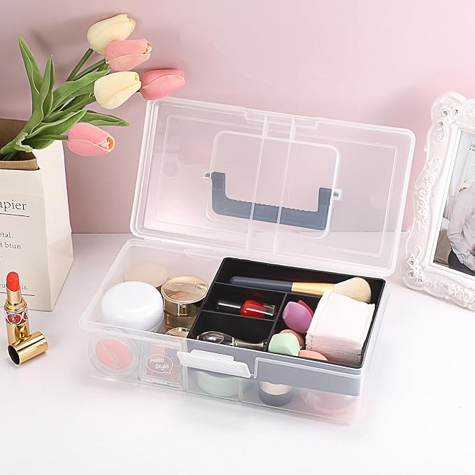 JUXYES Clear Art Craft Supply Storage Bin Sewing Box With Handle Lid | Clear Stackable Latching Craft Storage Bin for School Office, Organizing Stationery, Sewing, Art Craft, DIY Supplies