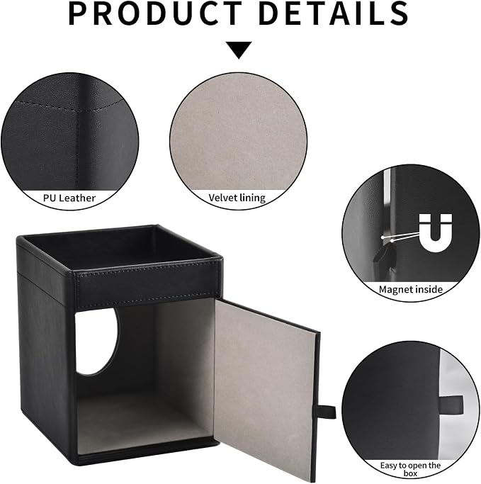 Tissue Box Cover Square Tissue Box Holder PU Leather Facial Tissues Organizer with Storage Tray for Bathroom Vanity Bedroom Office Car, Stylish Napkin Caddy Decorative Organizer (Black)