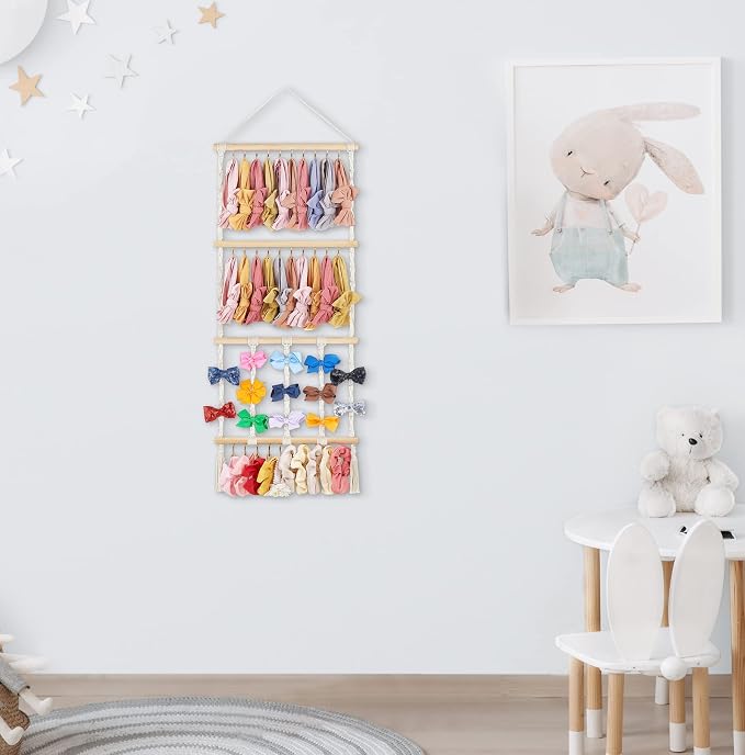 Dahey Headband Holder Bow Organizer for Girls Hair Bows Macrame Bow Holder Hair Accessories Hanger Necklace Display with 30 Hooks Wall Hanging Over Door Organizer Boho Nursery Decor for Baby's Room
