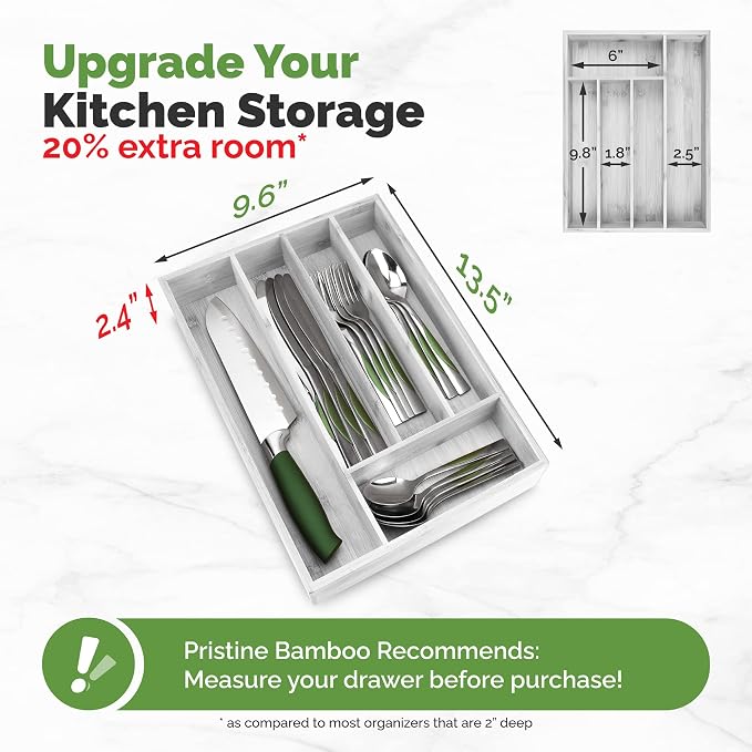 Pristine Bamboo Kitchen Drawer Organizer - Drawer Utensil Organizer and Cutlery Tray - Flatware and Silverware Holder (5-Slots, White)