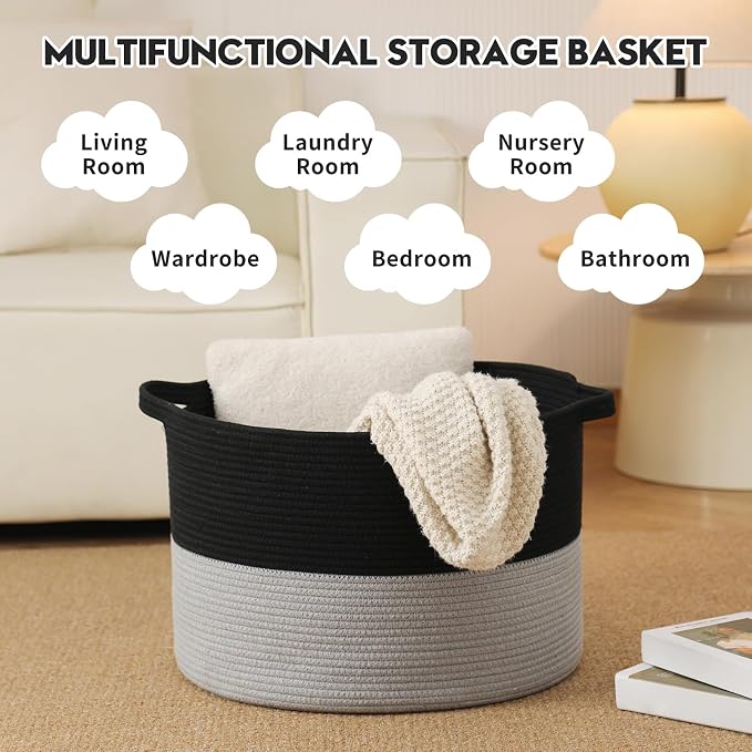 Foldable Laundry Hamper Basket with Collapsible Handle Cotton Rope Soft Woven Fabric Storage Organizer Clothes Toys Nursery Bedroom Dorm Space Saving Bin (Black & Grey, 115L(23.6"D x 15.7"H))