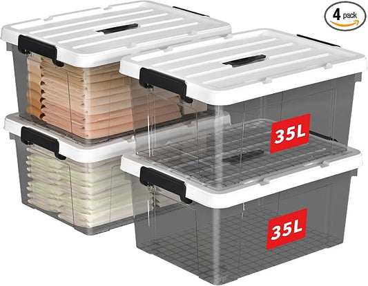 Cetomo Lidded Storage Bin with Handle, Tote Organizing Container with Durable Lid and Secure Latching Buckles, Stackable and Nestable, Plastic, 40 Quart-4 Pack, Clear Black