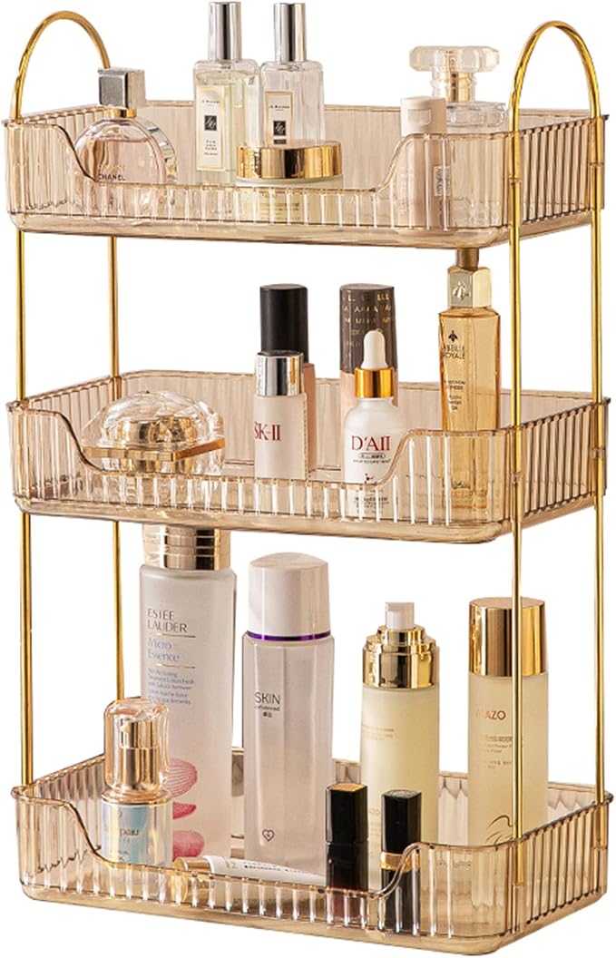 shuang qing 3 Tier Bathroom Counter Organizer Countertop Storage, Cosmetics Skincare Shelf Organizer, Makeup Organizer Perfume for Dresser Vanity Tray, Spice Rack Organizer for Kitchen - Gold
