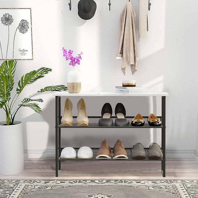 Garden 4 you Shoe Rack for Entryway 3 Tiers 11.8" D x 25" W x 20" H, Metal Shoe Rocks with White Wooden Tabletop, Angled Shoes Rack with Adjustable Mesh Shelves for Entryway Hallway Closet