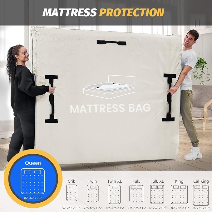 Mattress Bags for Moving and Storage, BETU Queen Mattress Protector Waterproof Mattress Cover with 8 Heavy Duty Handles and Zipper Extra Thick Moving Supplies for Bed Reusable (82x62x13.5 White)