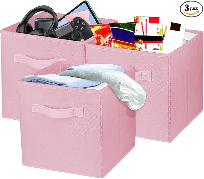 3 Pcs Storage Cubes, 10.5 Inch Collapsible Storage Bins, Fabric Foldable Bins for Organization, Durable Storage Bins for Closet, Shelves, Offices (Pink)