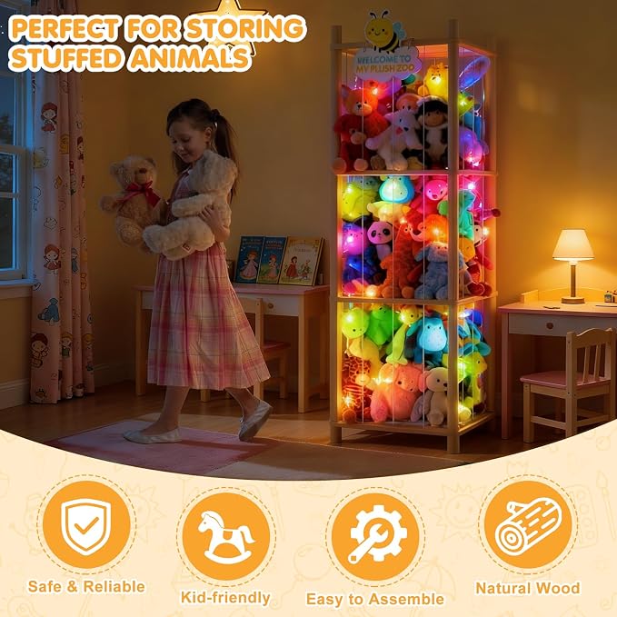 Stuffed Animal Storage Zoo Organizer Natural Pine Plushies Storage with Elastic Bands Vertical Wood Toy Holder Mesh Net Space Saving Design for Playroom Nursery Kids Bedroom