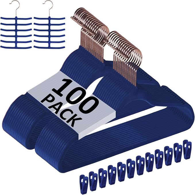 VECELO Premium Velvet Clothes Hangers Suit Heavy Duty (100 Pack)-Non Slip & Space-Saving with 12 Finger Clips & 2Tie Rack Excellent for Men and Women,Blue