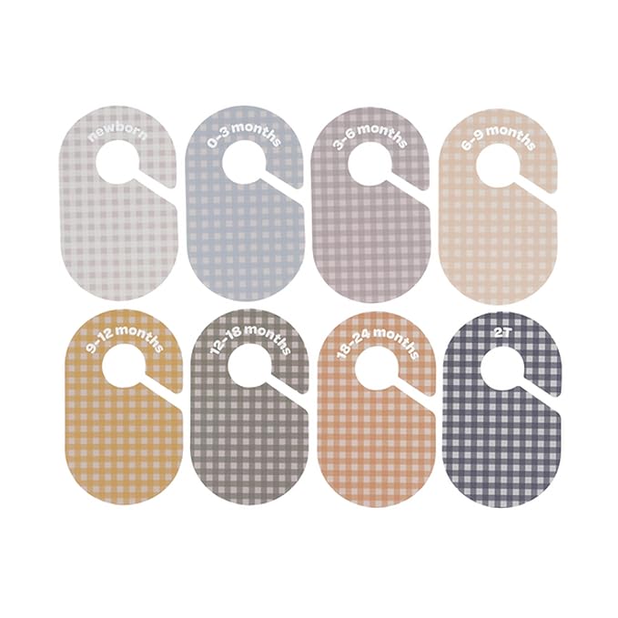 3 Sprouts Baby Closet Dividers, Newborn to 2T, Gingham, 8 Piece Set | Newborn to 2T sizing, 8-piece set, Double-sided size labels, Age labels, Nursery closet storage, Baby clothes organizer