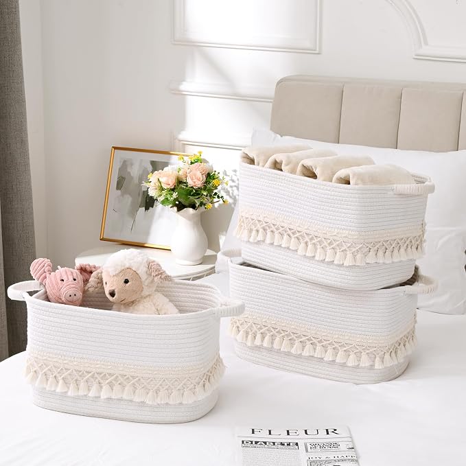 6 Pack Storage Basket for Shelves, Boho Cotton Rope Storage Bins with Heavy Tassel, Shelf Baskets Large Woven Baskets for Organizing, Cube Organizer Bins, Baby Laundry Basket for Clothes, Toys, Pets
