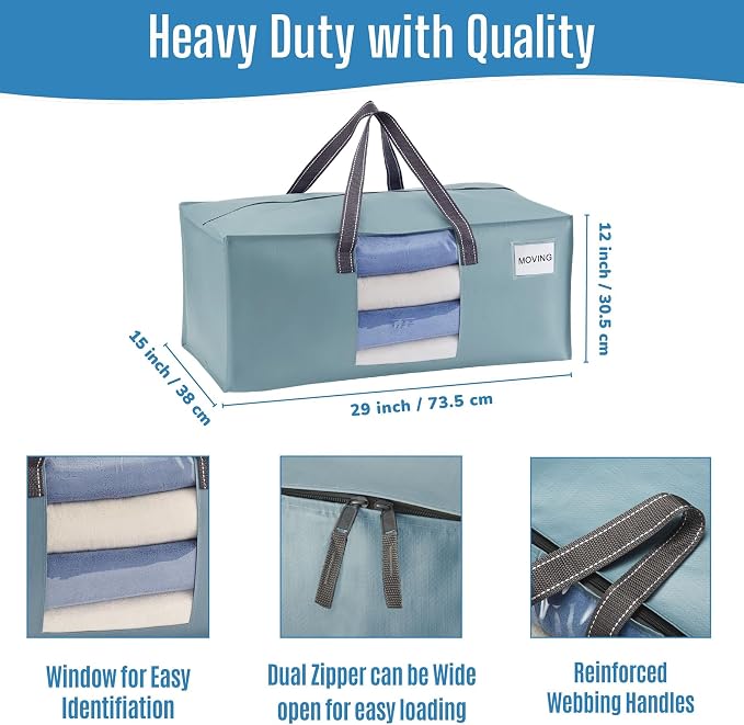 VENO 2 Pack Heavy Duty Moving Bags, Packing Bags with Clear Window, Alternative to Moving Boxes, Storage Bins for Clothes, Blankets, Comforters, College Dorm Essentials (Light Blue Matte, 2 Pack)