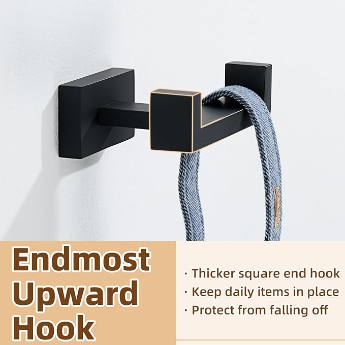 APLusee Double Robe Towel Hook, 304 Stainless Steel Square Dual Coat Hook, Utility Bath Kitchen Storage Hanger Holder, Matte Black