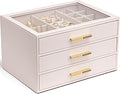 VLANDO Jewelry Box for Women, Glass Lid Jewelry Organizer with 3 Drawers for Necklaces Rings Earrings Bracelets - Light Pink