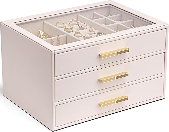 VLANDO Jewelry Box for Women, Glass Lid Jewelry Organizer with 3 Drawers for Necklaces Rings Earrings Bracelets - Light Pink