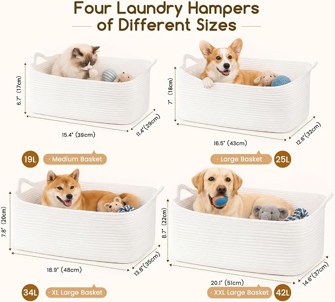 OIASKET Large Empty Cotton Rope Gift Basket with Handles, 18.9"x13.8"x7.8" Decorative Woven Storage Basket with Gift Bag and Ribbon Set for Baby Shower, Toy Organizer for Kids, Dogs & Cats - White