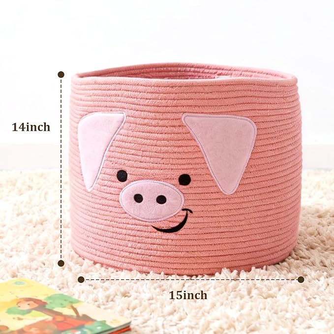 VK VK·LIVING Animal Baskets Large Woven Cotton Rope Storage with Cute Pig Design and Handles, Laundry Organizer for Towels, Blanket, Toys, Clothes, Gifts, Toy Box, Gift for Pet or Baby 15"D x 14"H