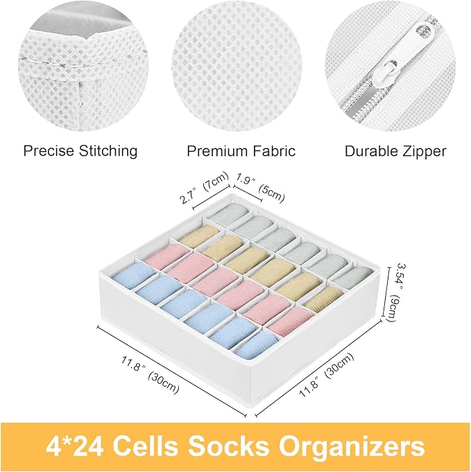 joyoldelf Sock Drawer Organizer Divider Underwear Organizer 24-cell Fabric Dresser Drawer Organizers Storage Boxes for Socks Lingerie, Handkerchiefs, Ties 4 Pack (White)