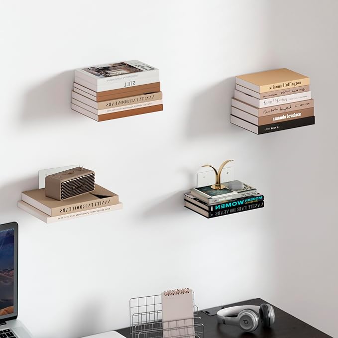 STORAGE MANIAC Floating Book Shelves for Wall Mounted Invisible Floating Bookshelves Heavy-Duty Steel Hidden Bookshelf Hanging Bookshelves for Bedroom Living Room Office, White 4-Pack Large