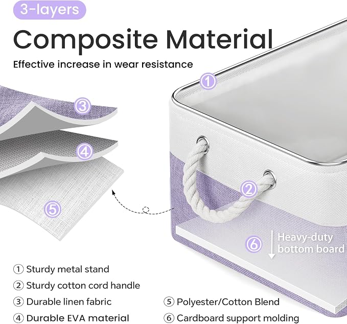15.7x11.8x8.26 Inch Fabric Large Storage Bins with Handles 3 Pack | Foldable, Sturdy Metal Strand, Cardboard Support Molding, Fabric Storage Baskets for Shelves, Closet, Bedroom, White/Purple