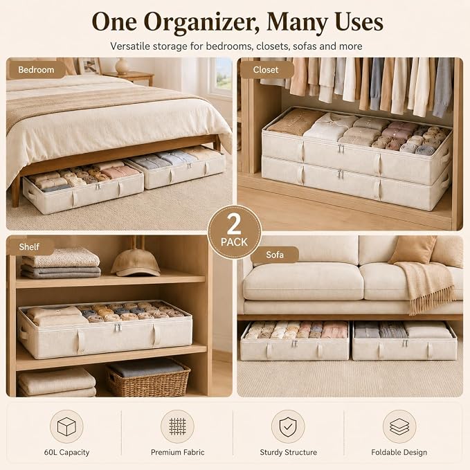 Vailando Side-Supported Under Bed Storage Containers, 6 Inches Tall 60L Underbed Storage Bins with Sturdy Handles and Sidewalls, Closet Organizer for Clothes, Blankets, Seasonal Items, Beige, 2-Pack