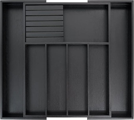 VaeFae Bamboo Silverware Drawer Organizer Kitchen, Expandable Utensil Organizer with Knife Block, Cutlery Tray with Divider, Multifunctional Drawer Organizer (Black)