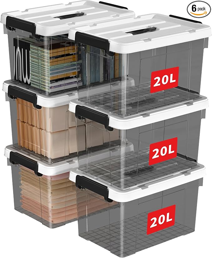 Cetomo Lidded Storage Bin with Handle, Tote Organizing Container with Durable Lid and Secure Latching Buckles, Stackable and Nestable, Plastic, 25 Quart-6 Pack, Clear Black