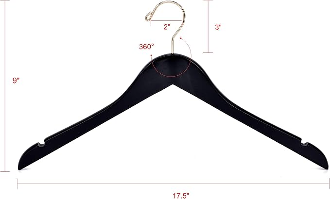 Quality Black Semi Curved Wooden Suit Hangers, 10-Pack Smooth Finish Solid Wood Coat Hanger with Swivel Hook, Jacket, Pant, Dress Clothes Hangers (Black - Gold Hook, 10)