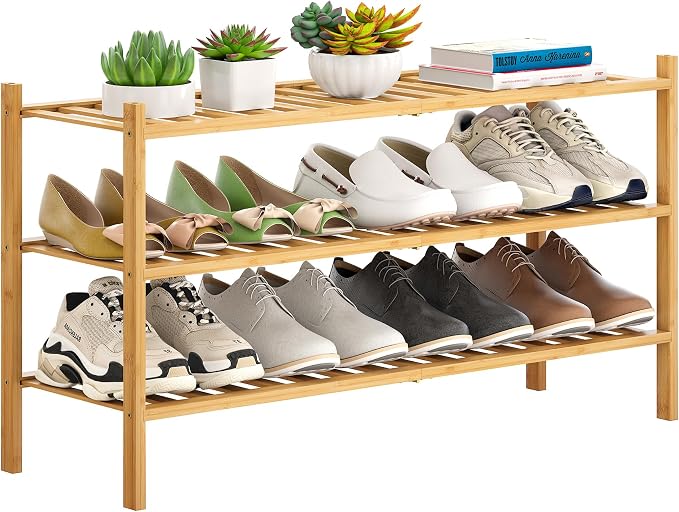 Bamboo Shoe Rack Stackable Shoe Shelf Storage Organizer for Unit Entryway Hallway and Closet Sturdy Freestanding Shoe Shelf(3L Tier Natural)