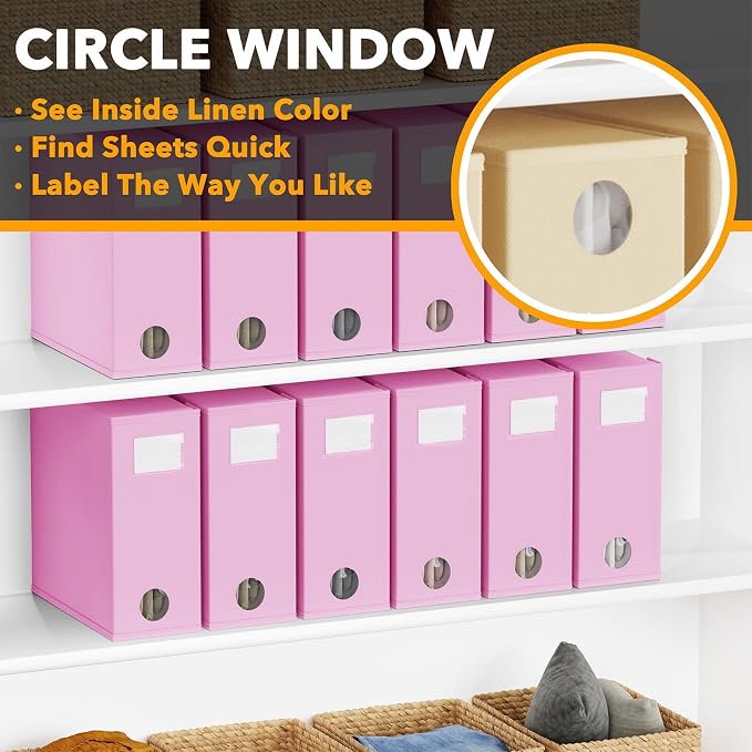 SpaceAid 12 Pack Bed Sheet Organizers and Storage, Foldable Sheet Organizer for Linen Closet, Sheets Set Folder Keeper with Window XL (Queen & King Size) Bedding Container (Pink, 12 Pack)