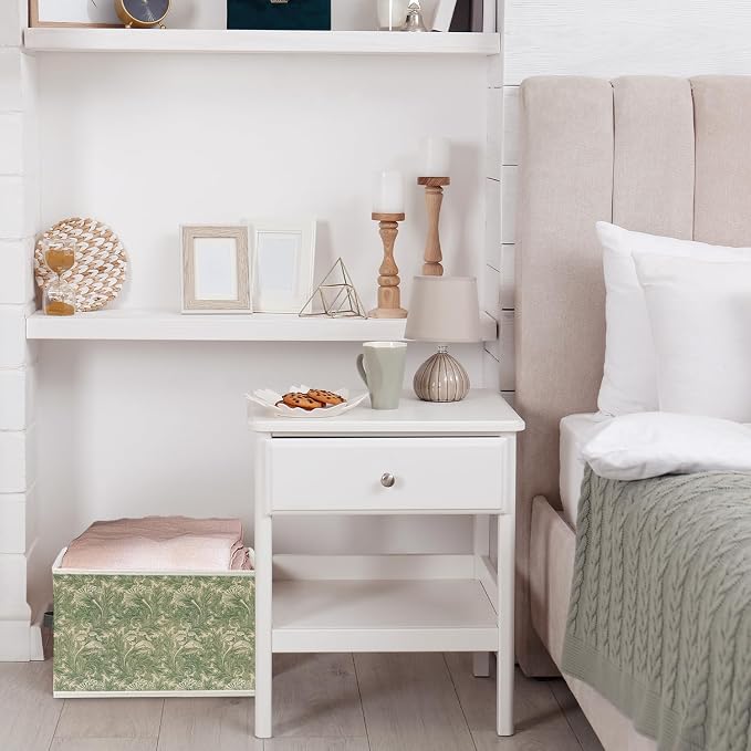 William Morris Inspired Floral Storage Bin Box with Handles, Vintage Green and White Tulip Flower Foldable Organizer Basket Toybox for Home Bedroom Bathroom Clothes Toys Books