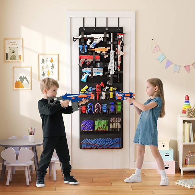 Over the Door Organizer for Toy Guns, Toys Storage Door Hanger with Pockets and Slots for Kids Foam Blasters, Darts, Goggles, Over Door Toy Guns Storage Organizer, for Kids Rooms, Game Rooms, Black