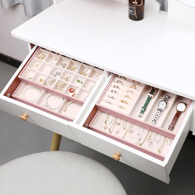 LANDICI Stackable Jewelry Organizer Trays 4 Set,PU Leather Jewelry Organizer Drawer,Jewelry Storage Display Tray for Earring Necklace Rings Bracelet with Removable Dividers,Rose Gold