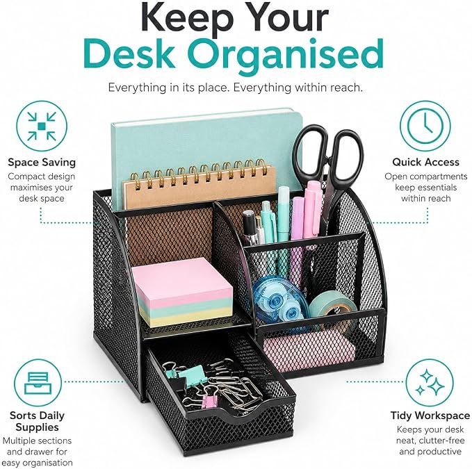 Exerz Desk Organizer Black Office Desk Accessories Supplies Office Storage Desktop Pencil Pen Holder with Drawer Home Workspace