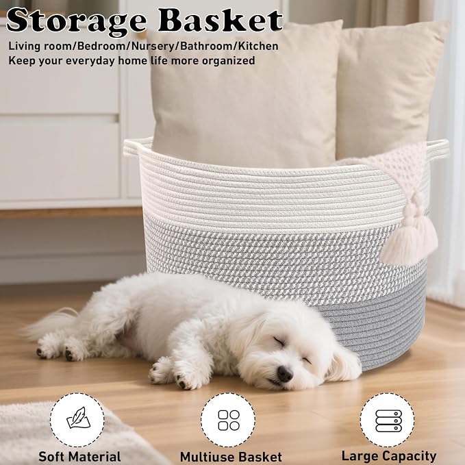 115L Extra Large Blanket Basket,Woven Rope Laundry Basket Hamper with Handles, Decorative Nursery Basket Storage Bin for Toys, Clothes Organizer, Living Room, Bedroom, Bathroom, Grey