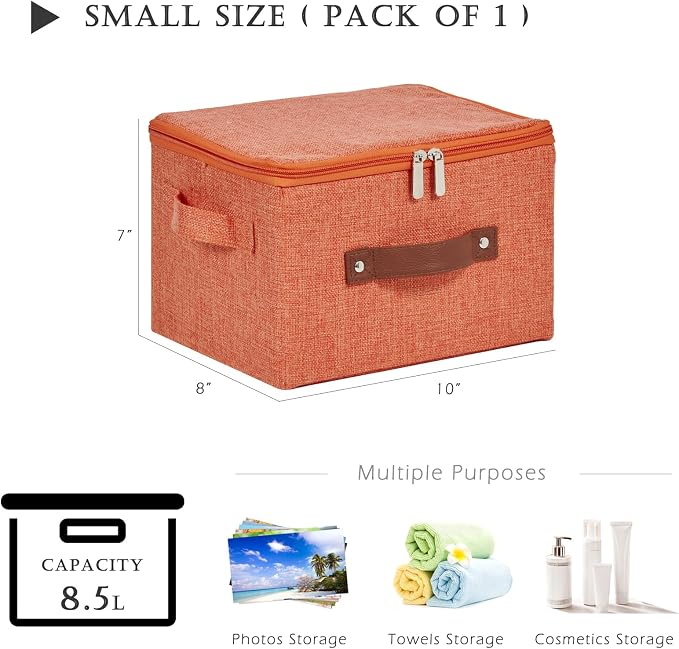 Storage Bins with Zipper Lid Cotton Linen Fabric Lidded Storage Baskets Boxes Foldable Washable Closet Shelf Clothes Organizer Container with PU Leather Handles (Orange, Small)
