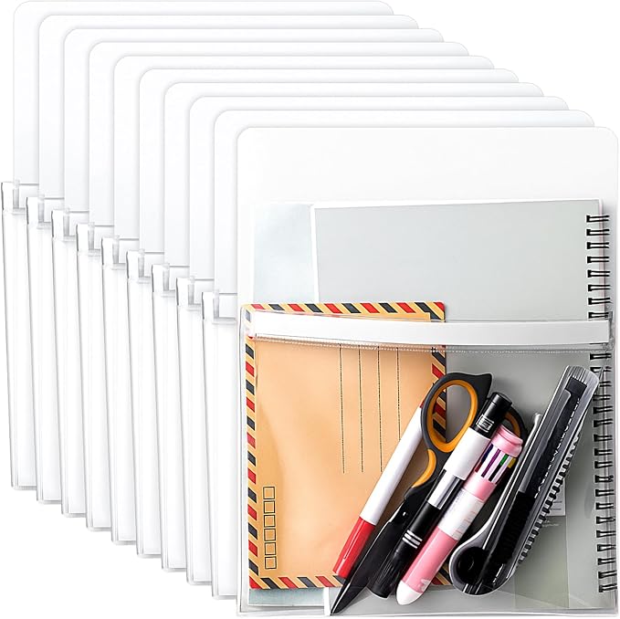 Henoyso 10 Pcs Magnetic File Holder Paper Holder Magnetic Pen Dry Erase Marker Organizer Fridge Pocket Organizer for Whiteboard Refrigerator, 12 x 9.5 in (White)