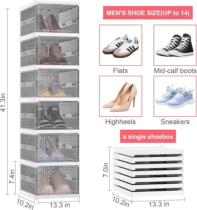 Foldable Shoe Storage Organizer, Stackable Boxes for Closet, Foldable Space-Saving Shoe Rack for Sneaker Boot Container, Acrylic Shoe Cabinet Shoe Box（6 Pack, Black