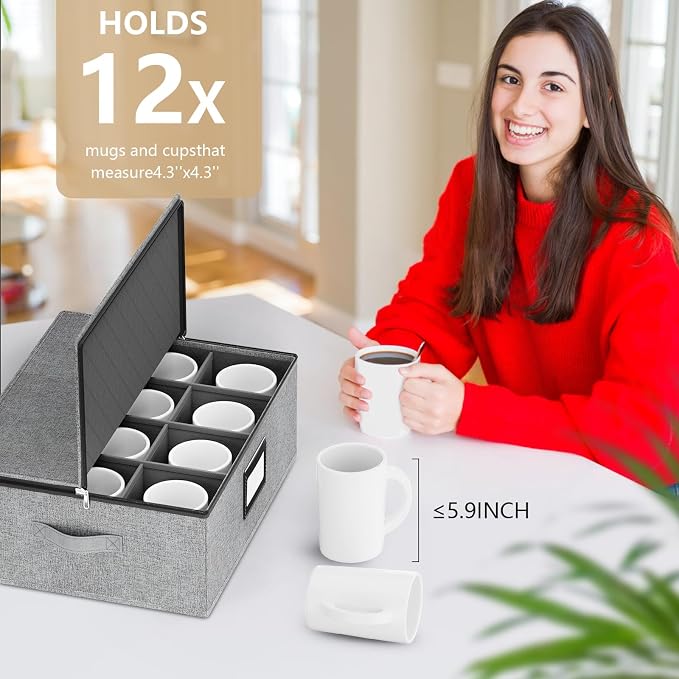 homyfort Mug Storage Box with Dividers, China Coffee Mug Storage Containers Holder Organizer Hard Shell, Service for 24 Coffee Mugs or Tea Cups (Grey)