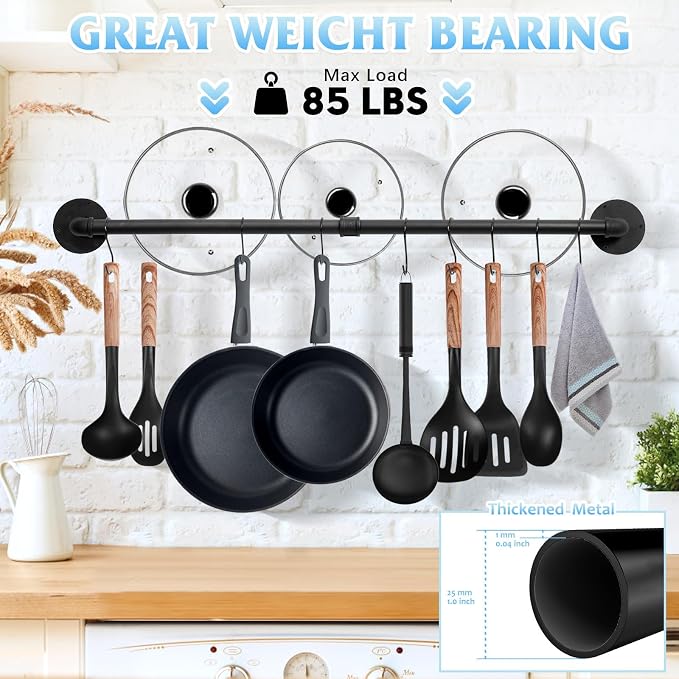 38.5 inch Pot Rack Wall Mounted Detachable Pan Rack Organizer Industrial Pipe Hanging Rail Lids Utensils Hanger Holder for Kitchen with 10 S Hooks, Black…